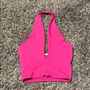 Zara Hot Pink Halter Deep V Crop Top